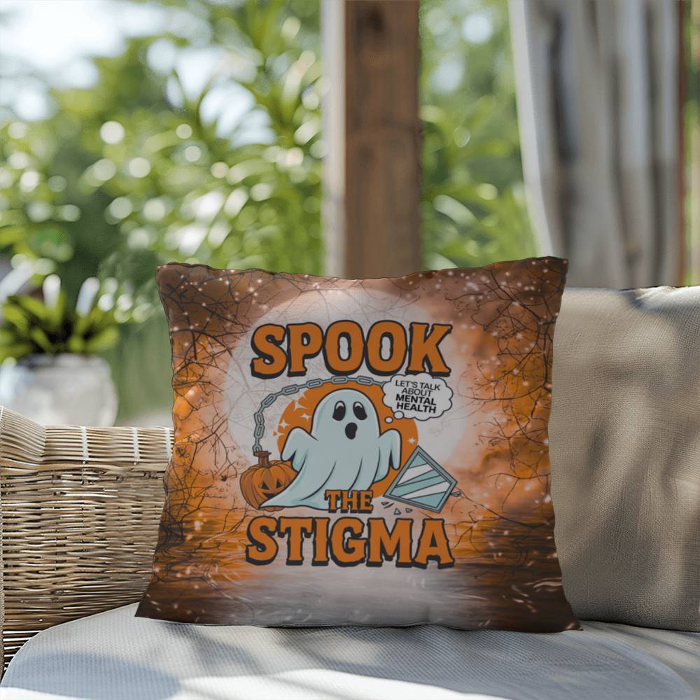Ghost-themed indoor/outdoor Halloween pillow with “Spook The Stigma” for mental health awareness
