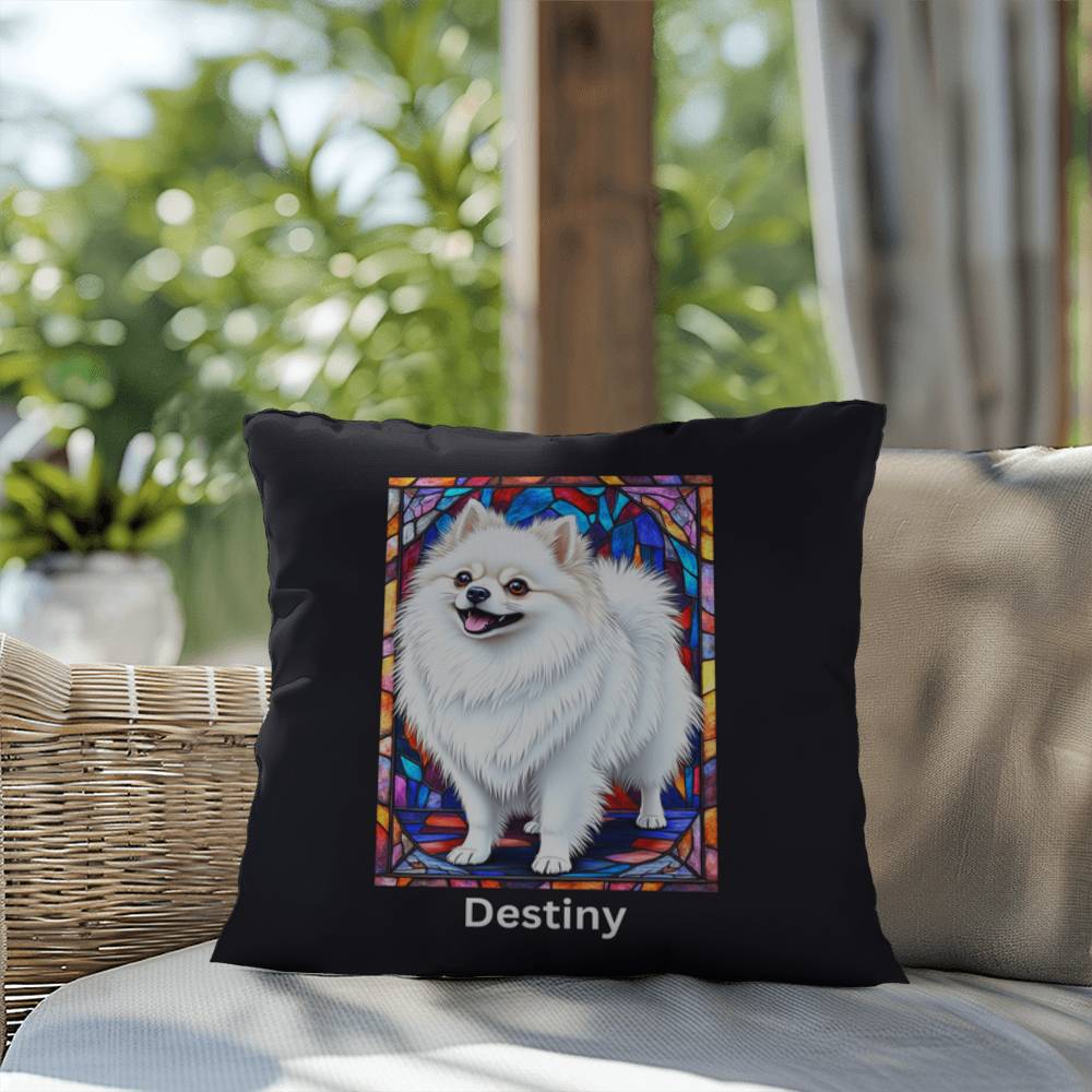 Pomeranian (White) Indoor/Outdoor Pillow - Personalized Stained Glass Dog Tribute & Comfort Gift