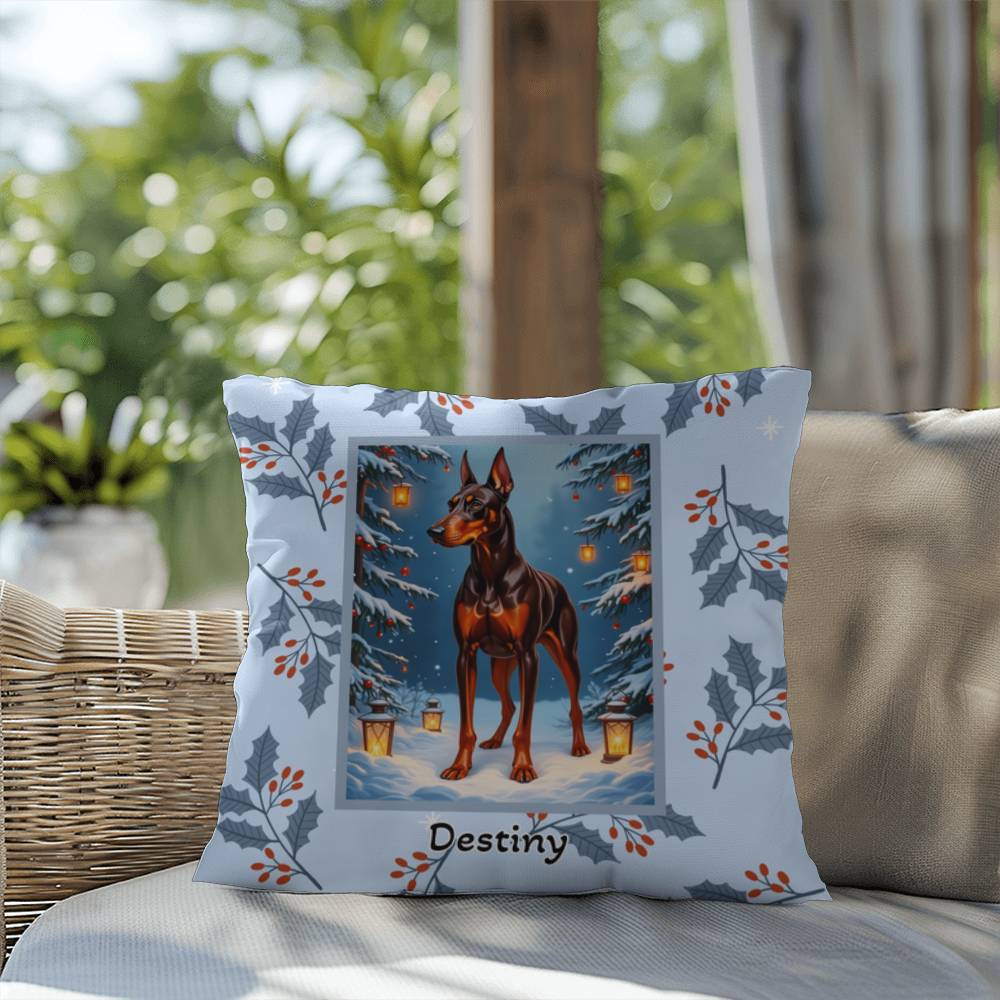 Doberman Red & Rust Pillow - Holiday Doberman throw pillow, festive winter dog decor, indoor cozy accent