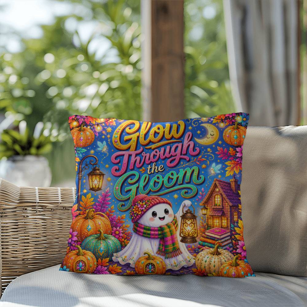 Glow Through The Gloom quote with ghost lantern artwork on an encouraging Halloween throw pillow