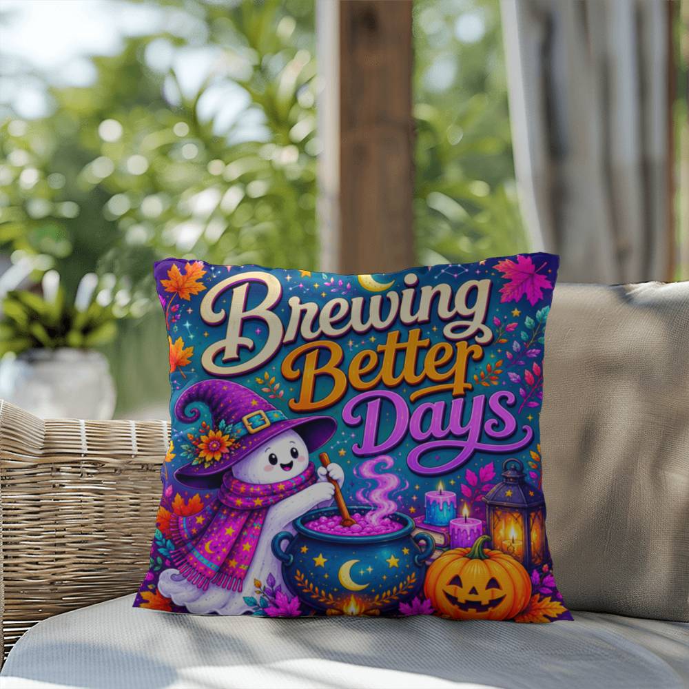Brewing Better Days Halloween Throw Pillow - Witch Ghost Cauldron Healing Gift