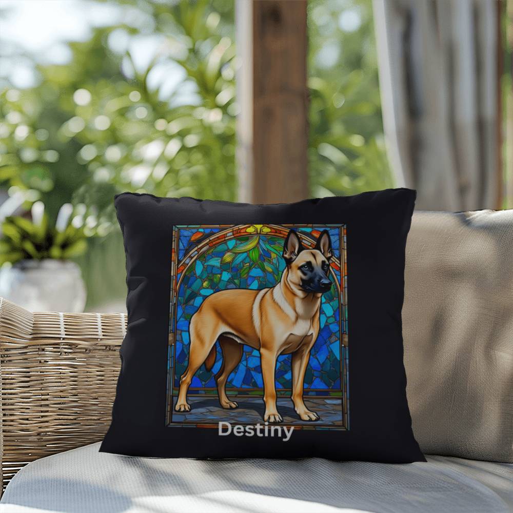 Belgian Malinois (Cream Sable) Indoor/Outdoor Pillow - Personalized Stained Glass Dog Tribute & Comfort Gift