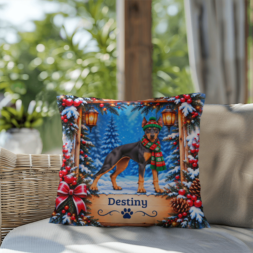 Doberman (Blue & Rust Coat, Alternate Tone) - Personalized Throw Pillow, Winter Dog Lover Gift