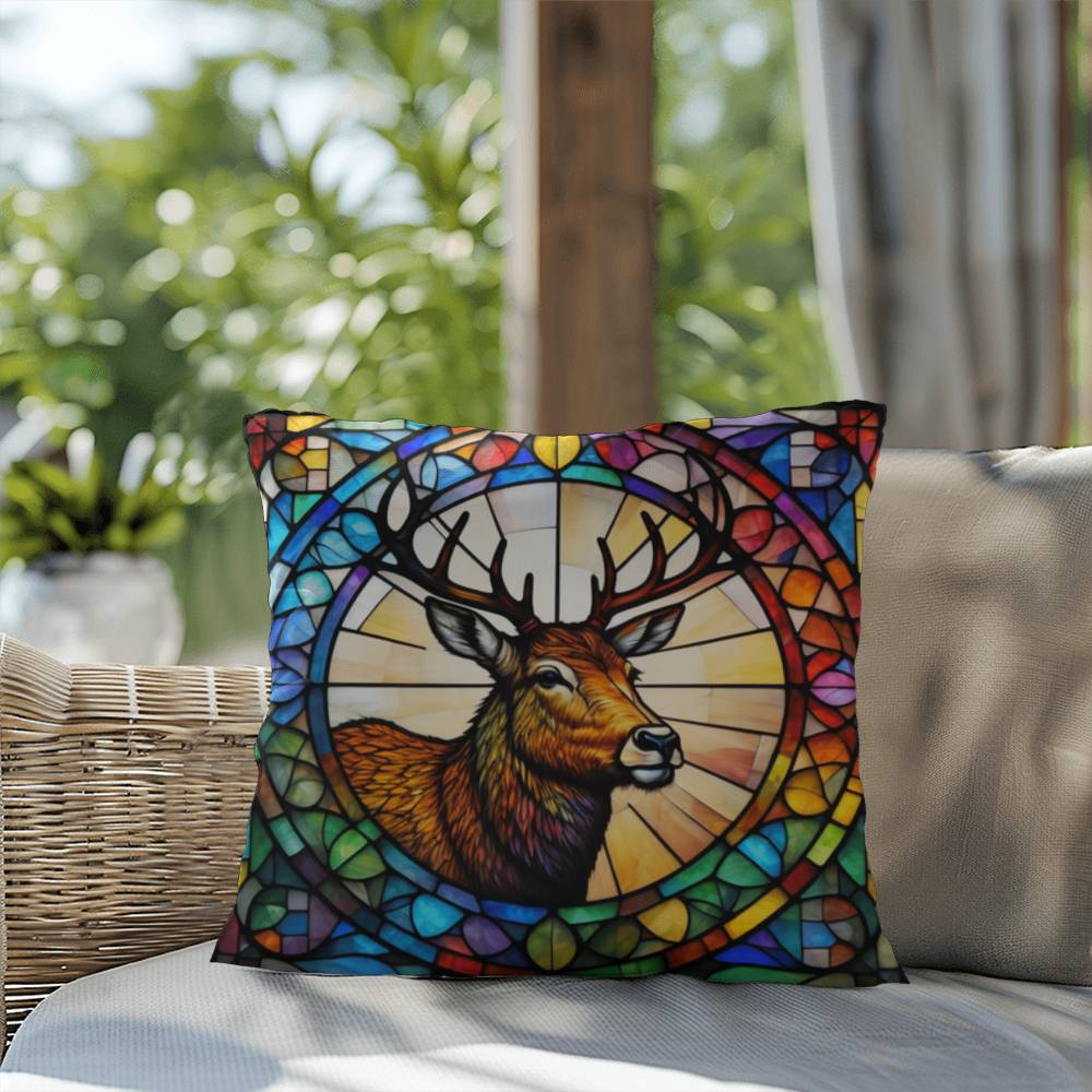 Deer stained glass throw pillow, woodland wildlife decor, indoor outdoor cozy home accent