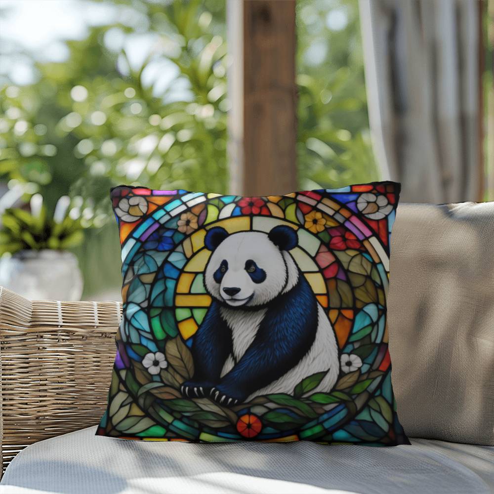 Panda stained glass throw pillow, wildlife animal decor, indoor outdoor cozy home accent