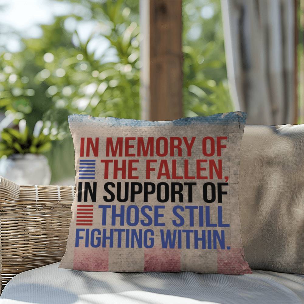 In Memory of the Fallen personalized patriotic pillow for veteran tribute, PTSD awareness, and Memorial Day remembrance
