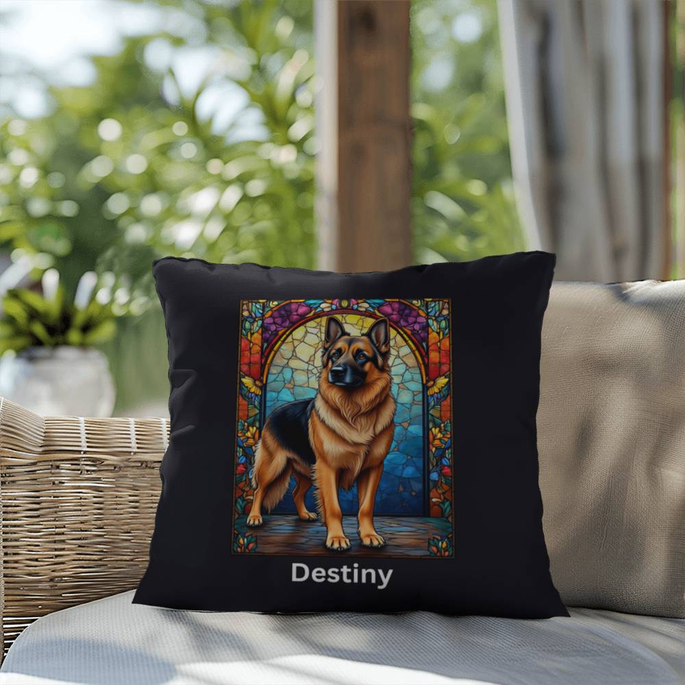 German Shepherd (Black and Tan) Indoor/Outdoor Pillow - Personalized Stained Glass Dog Tribute & Comfort Gift