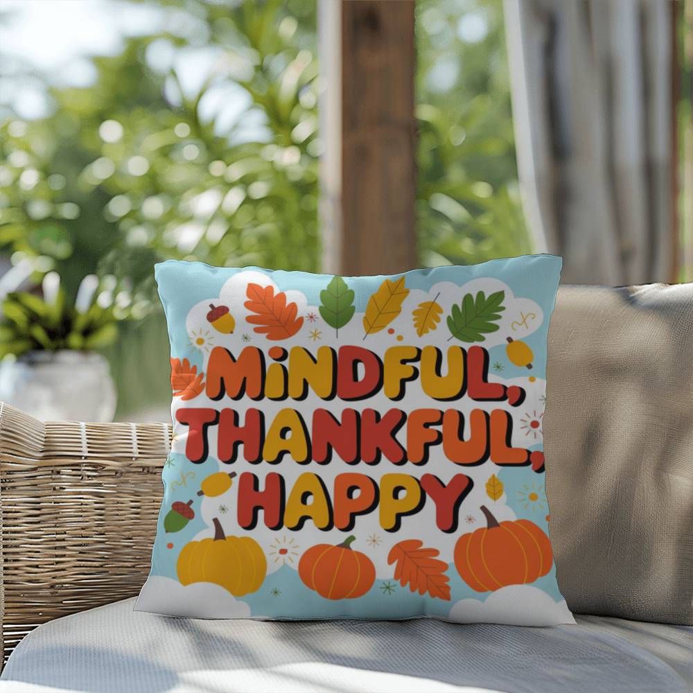 Mindful, Thankful, Happy throw pillow with uplifting fall mindfulness message for seasonal décor