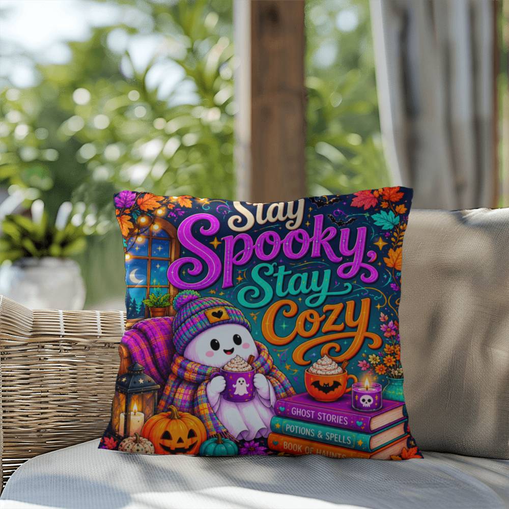 Stay Spooky Stay Cozy quote with ghosts and books on a Halloween throw pillow