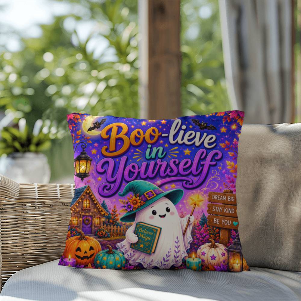 Boo-lieve In Yourself message with friendly ghost illustration on an encouraging Halloween throw pillow