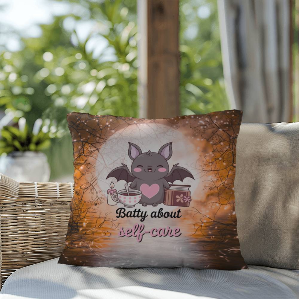 Halloween indoor/outdoor throw pillow with bats and “Batty About Self-Care” for mental health encouragement