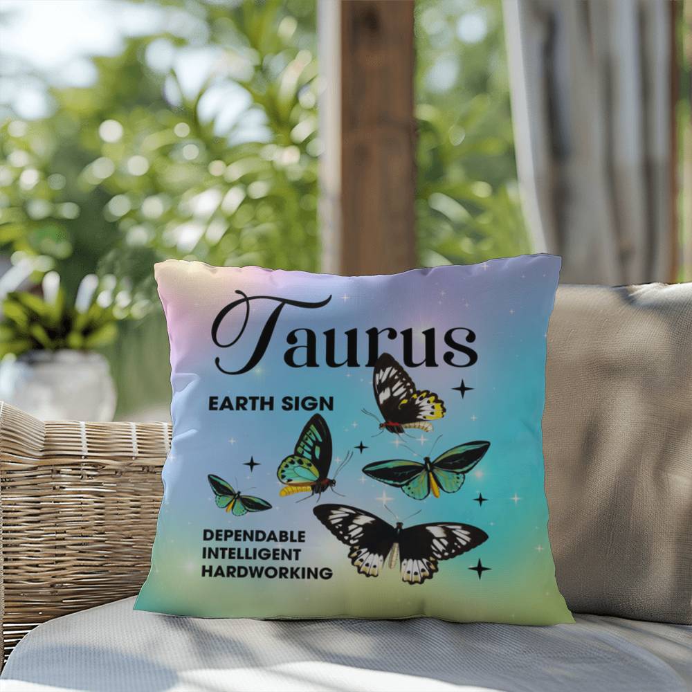 Taurus Butterfly Indoor/Outdoor Pillow – Zodiac Astrology Decor, Boho Accent for Home & Patio