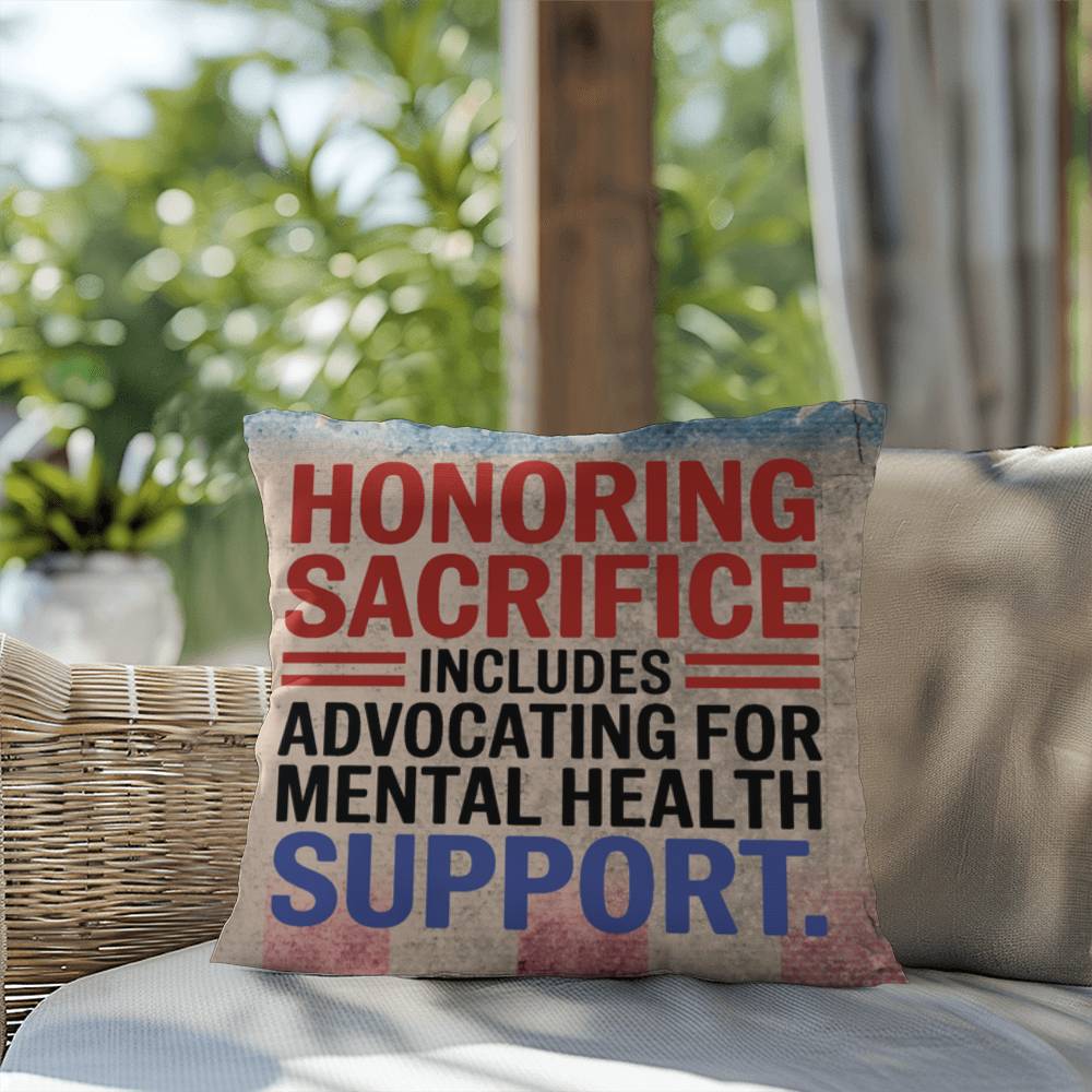 Honoring Sacrifice custom pillow for military tribute, PTSD support, and veteran remembrance on Memorial Day or year-round