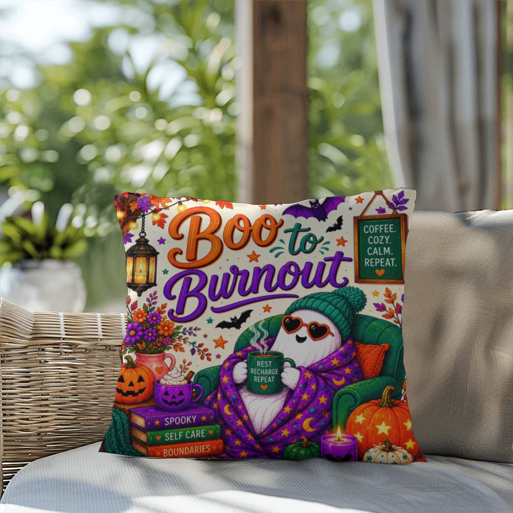 Boo To Burnout Halloween Throw Pillow - Coffee Cozy Calm Repeat Ghost Pillow