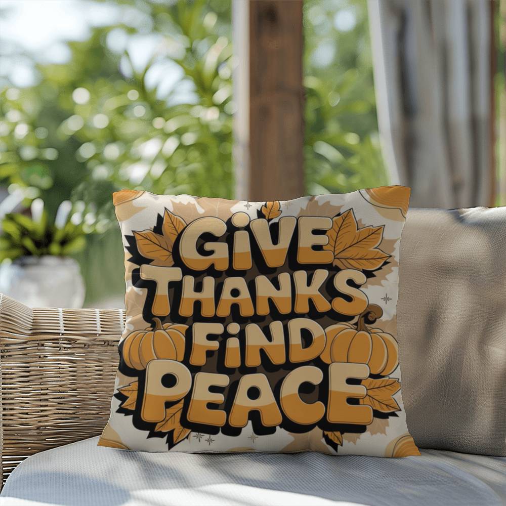 Give Thanks, Find Peace throw pillow with mindful Thanksgiving quote and vibrant autumn décor colors