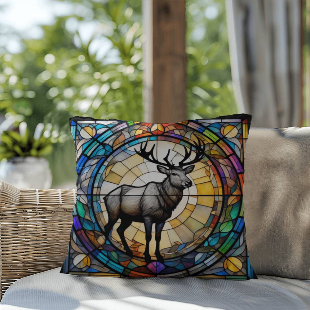 Reindeer stained glass throw pillow, holiday wildlife decor, indoor outdoor accent cushion