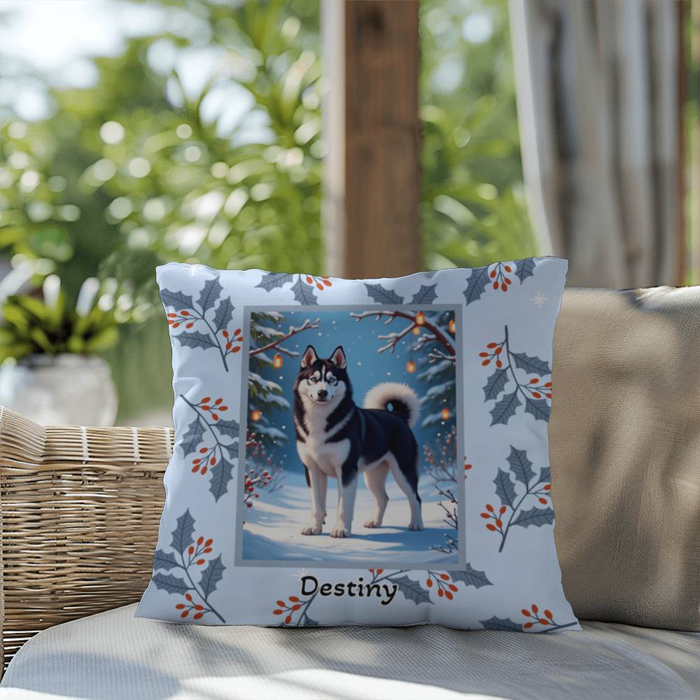 Husky Black & White Pillow - Snow dog winter throw pillow, indoor/outdoor Husky accent, holiday decor