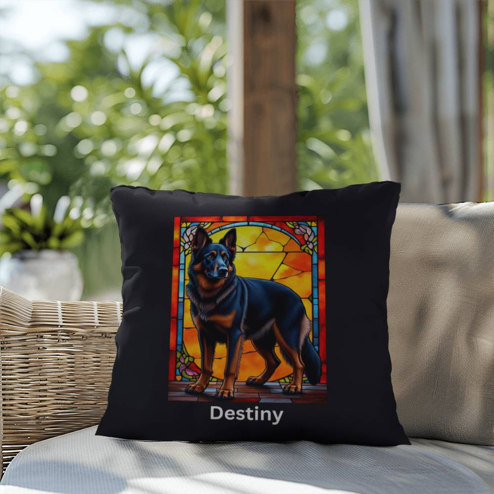 German Shepherd (Black and Red) Indoor/Outdoor Pillow - Personalized Stained Glass Dog Tribute & Comfort Gift