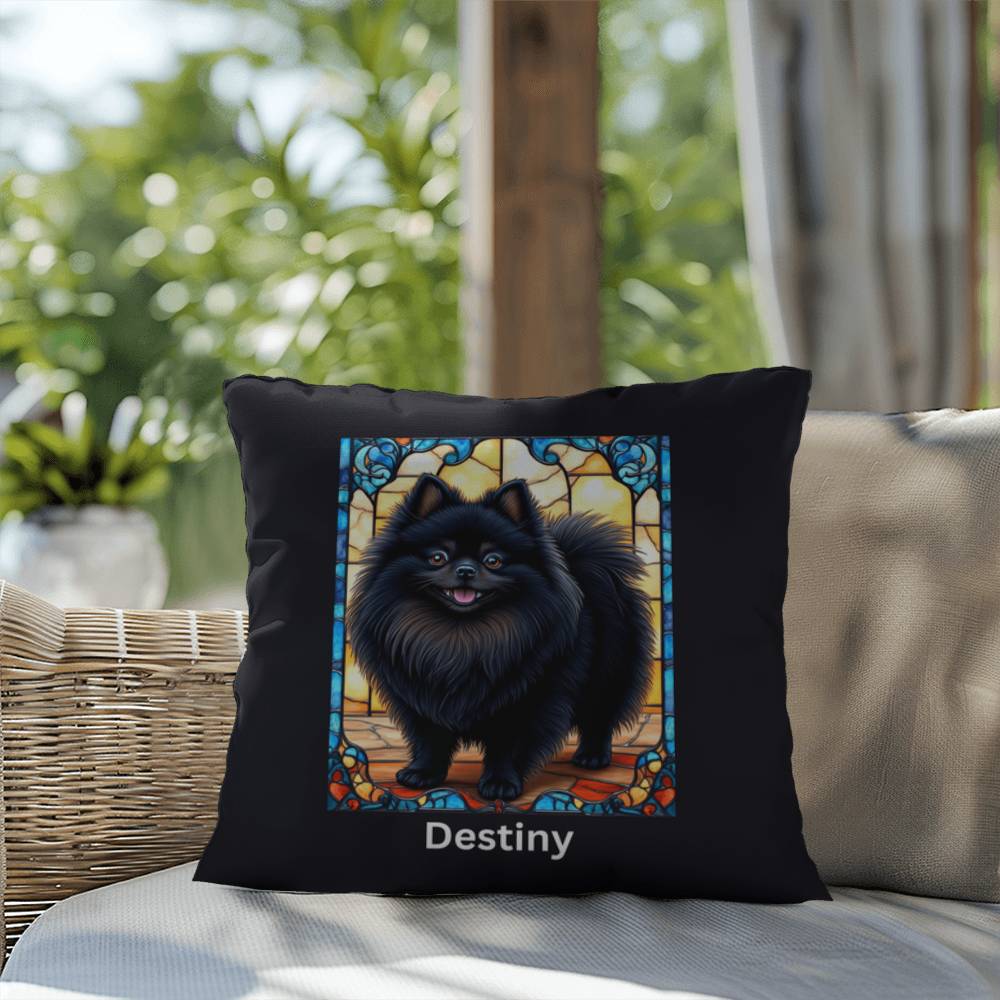 Pomeranian (Black) Indoor/Outdoor Pillow - Personalized Stained Glass Dog Tribute & Comfort Gift