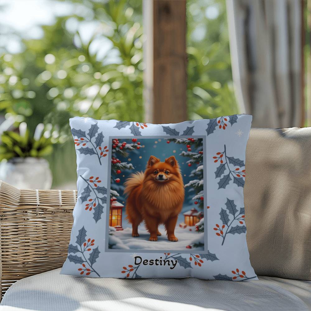 Pomeranian Red Pillow - Winter Pom throw pillow, indoor dog decor, festive home accent