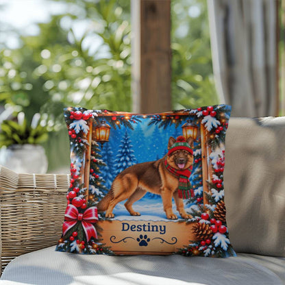 German Shepherd (Liver & Tan Coat) - Personalized Dog Name Pillow, Cozy Woodland Winter Decor