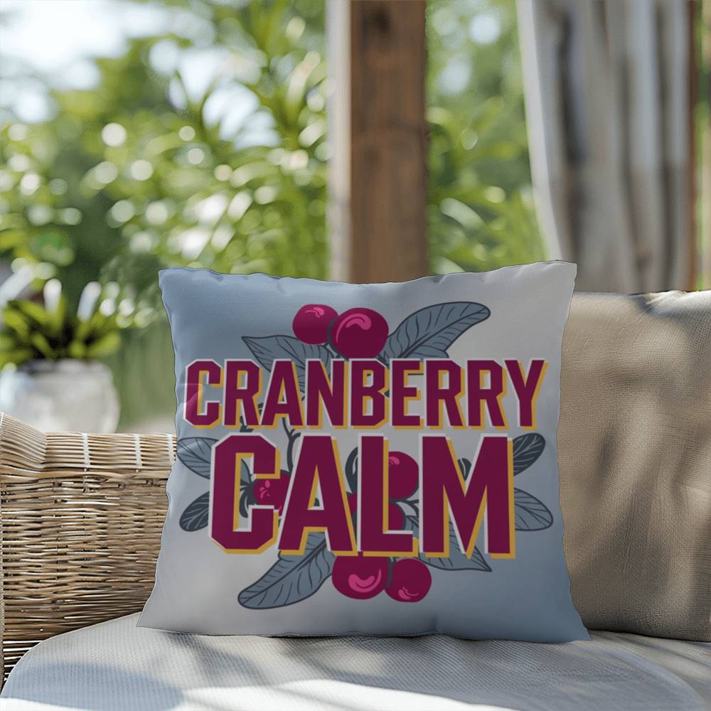 Cranberry Calm throw pillow with peaceful mindfulness quote and seasonal fall home décor accent