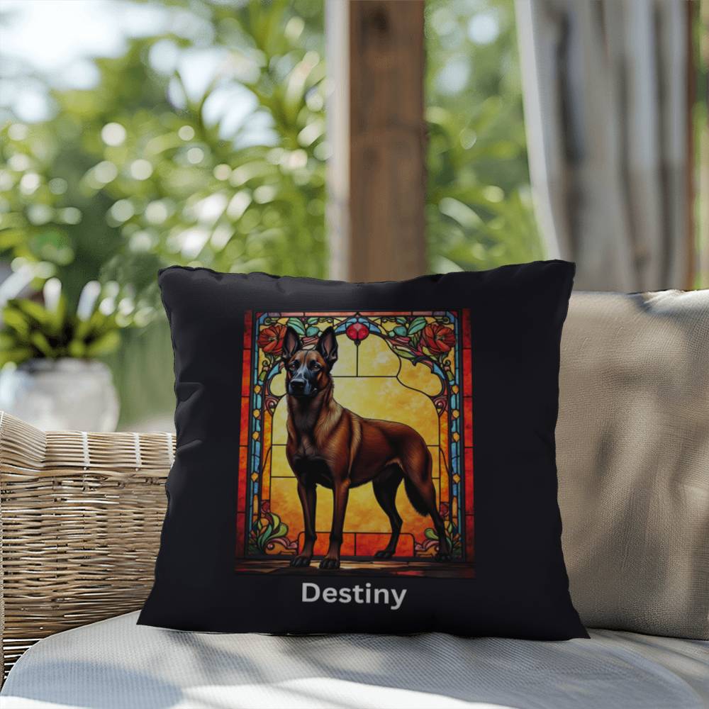 Belgian Malinois (Red Sable) Indoor/Outdoor Pillow - Personalized Stained Glass Dog Tribute & Comfort Gift