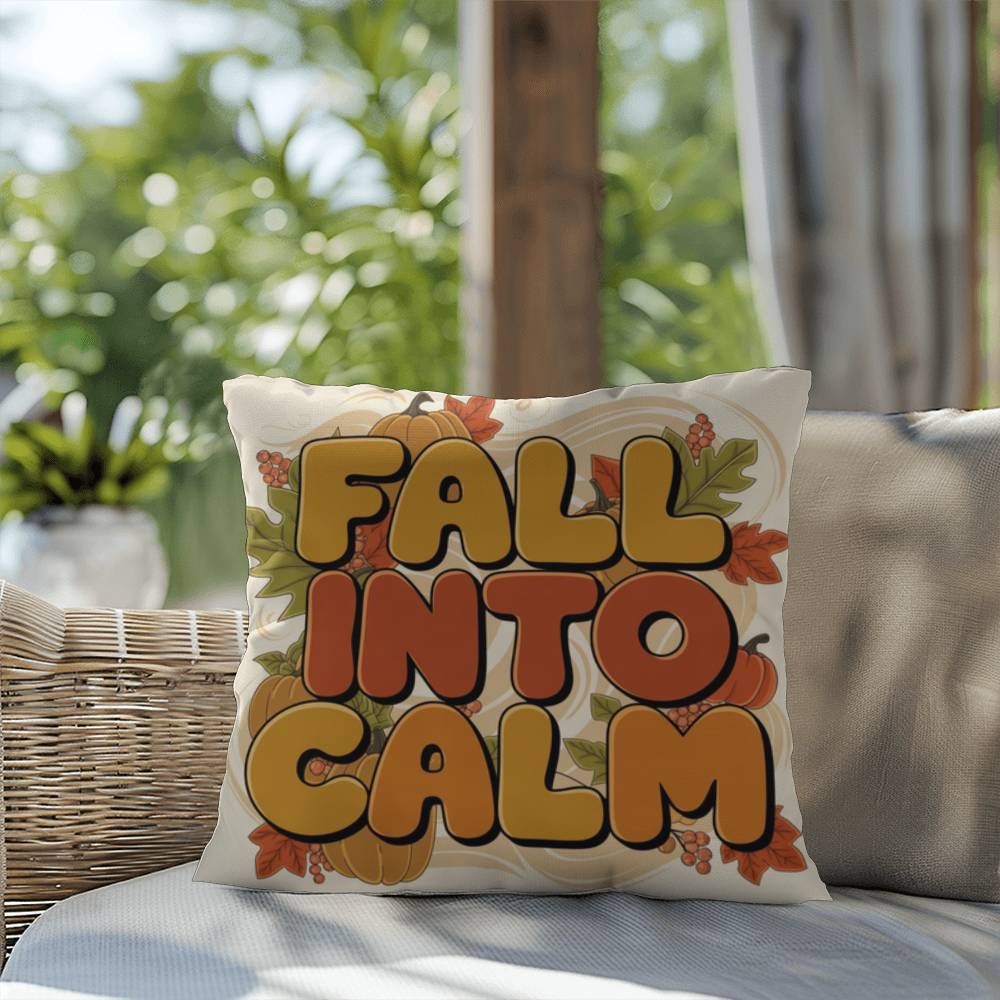 Fall Into Calm throw pillow with autumn gratitude quote, cozy seasonal comfort for Thanksgiving décor