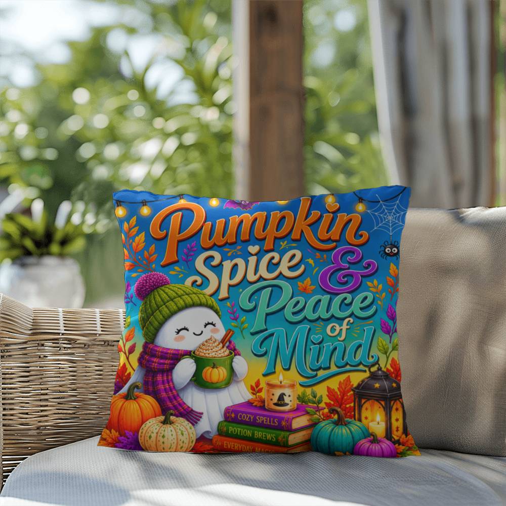 Pumpkin Spice & Peace Of Mind Halloween Throw Pillow - Cozy Ghost Fall Pillow