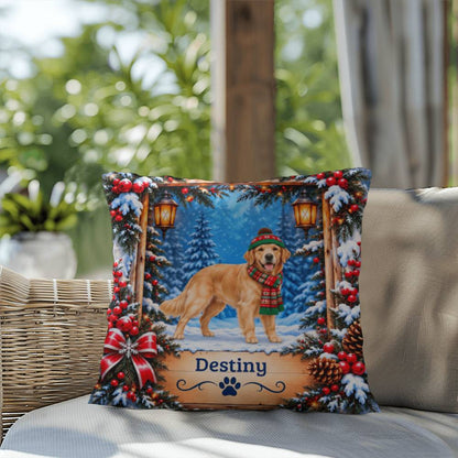 Golden Retriever (Light Golden Coat) - Personalized Snowy Woodland Pillow, Custom Dog Name Gift
