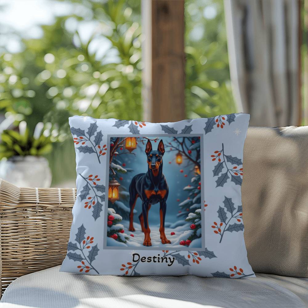 Doberman Blue & Rust Pillow - Festive winter throw pillow, personalized guardian dog home accent, cozy decor