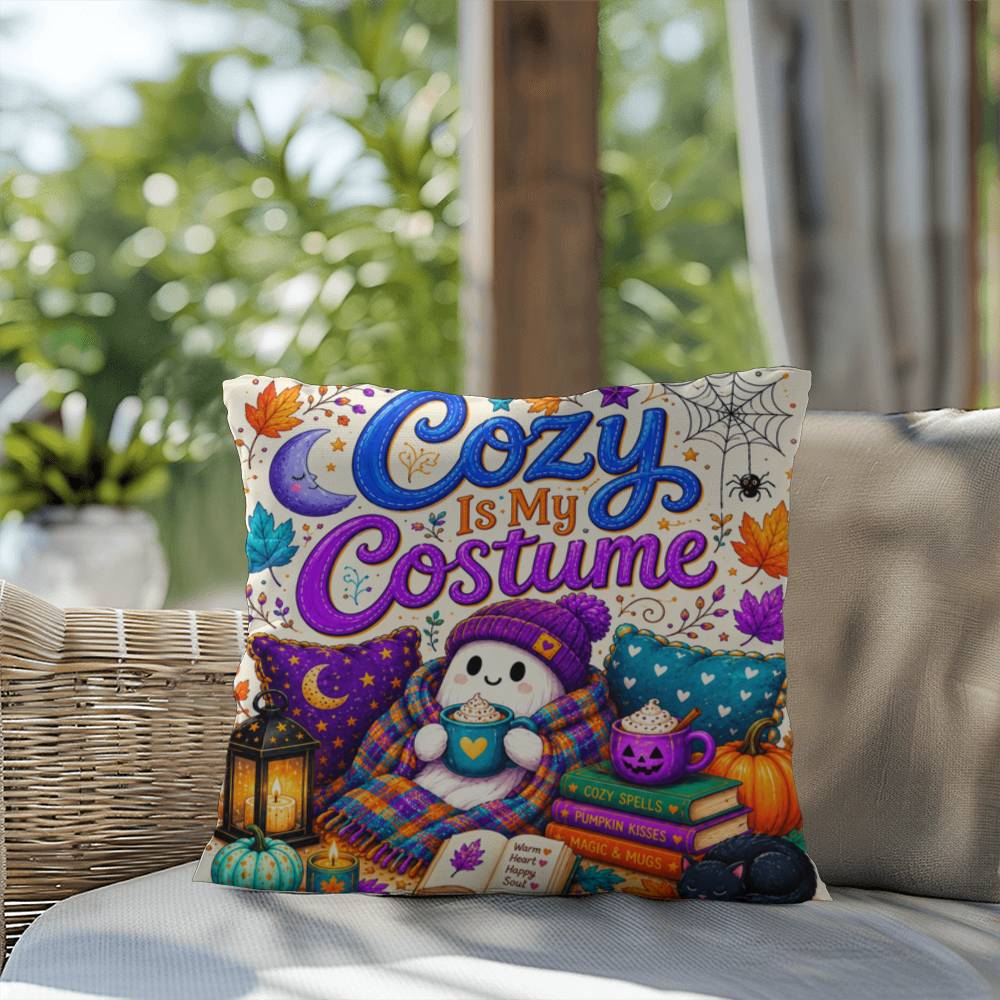 Cozy Is My Costume saying with ghost artwork on a Halloween throw pillow inspired by autumn comfort