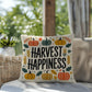 Harvest Happiness throw pillow with fall mindfulness quote, cozy colors and seasonal home décor