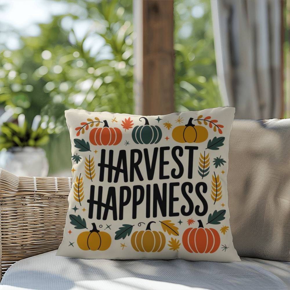Harvest Happiness throw pillow with fall mindfulness quote, cozy colors and seasonal home décor