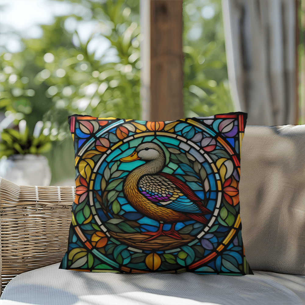 Duck stained glass throw pillow, indoor outdoor farm animal decor, home accent pillow