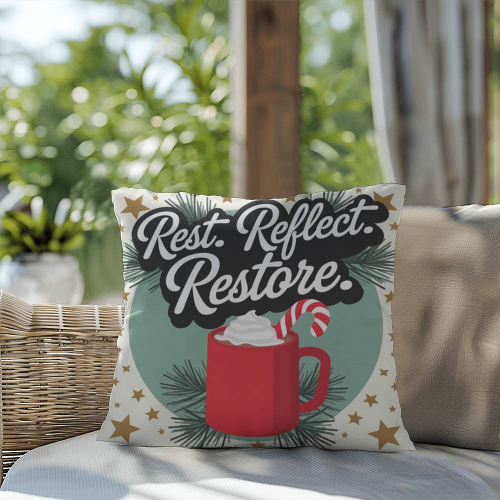 Rest. Reflect. Restore Throw Pillow - Peaceful Christmas pillow for rest and mindfulness