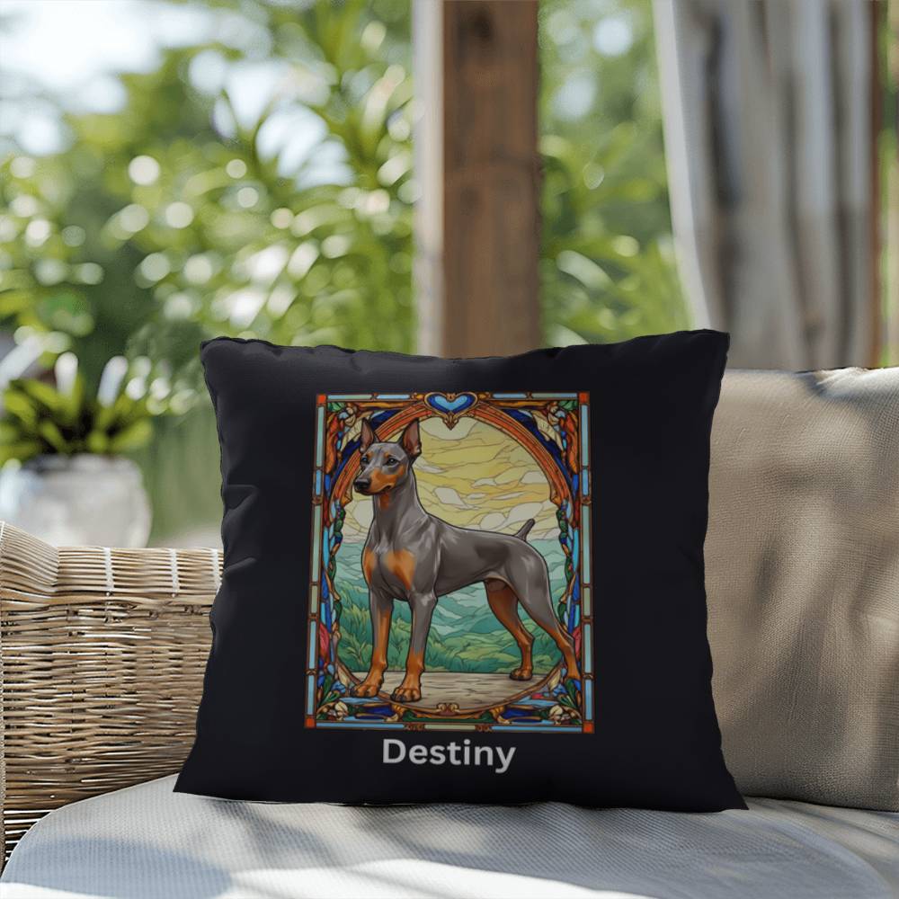 Doberman Pinscher (Fawn [Isabella] & Rust) Indoor/Outdoor Pillow - Personalized Stained Glass Dog Tribute & Comfort Gift