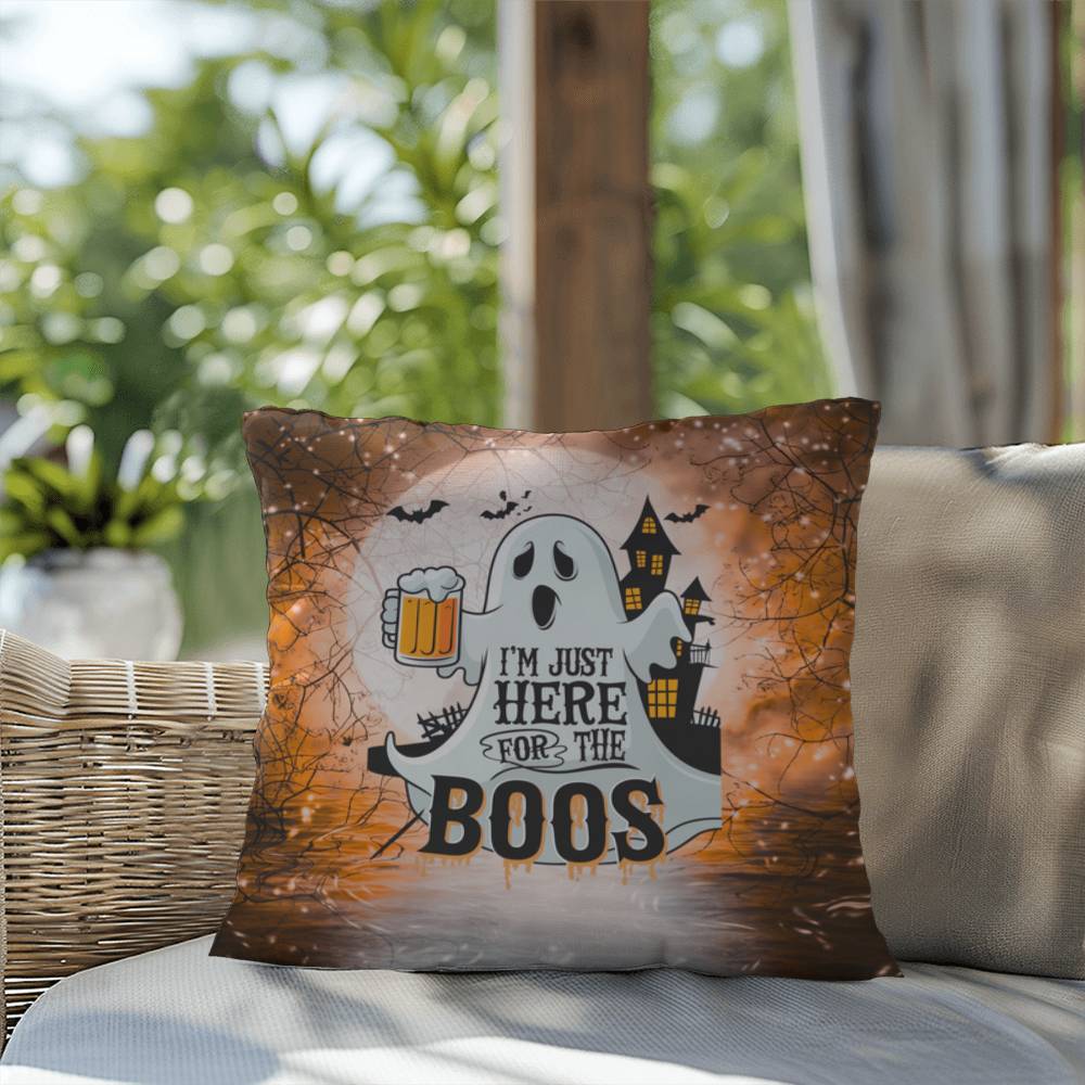 Ghost-themed indoor/outdoor Halloween pillow with “I’m Just Here For The Boos” for fun décor