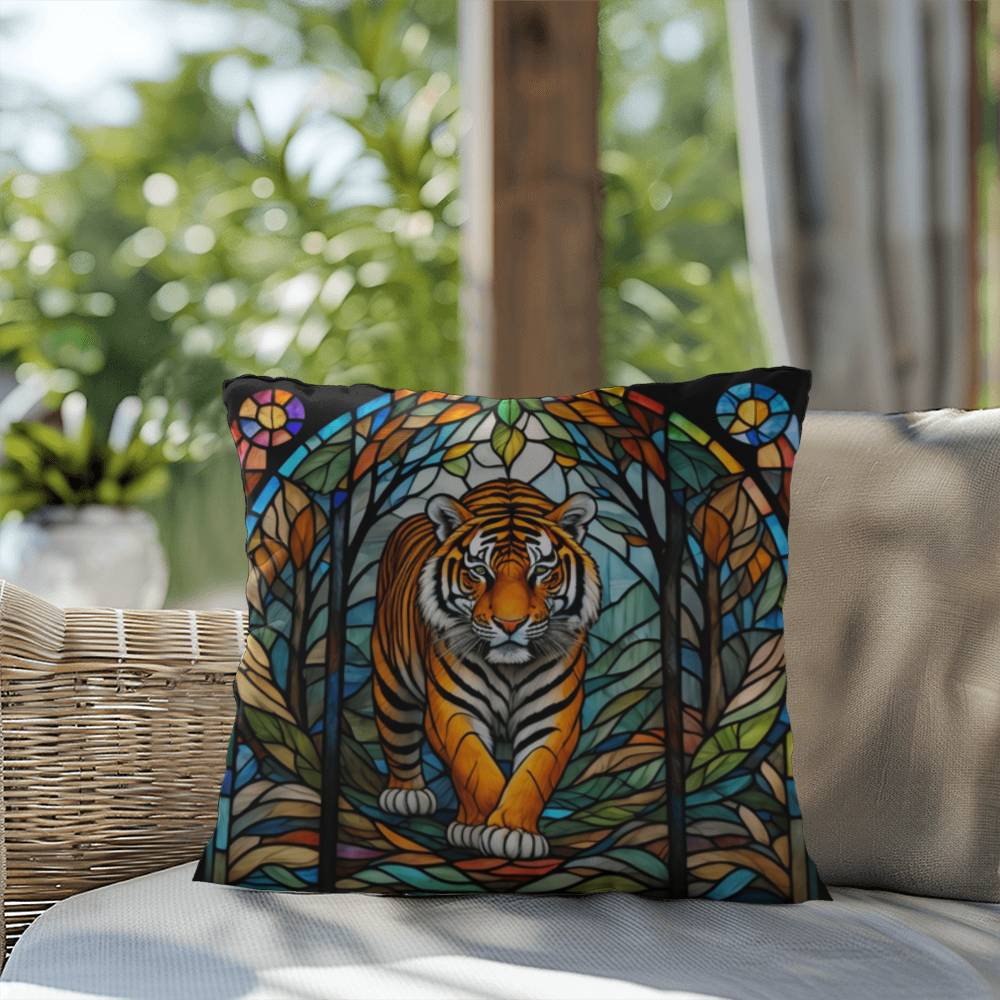 Tiger stained glass throw pillow, jungle wildlife decor, indoor outdoor accent pillow