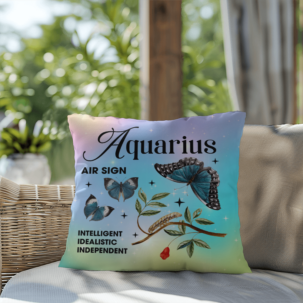 Aquarius Butterfly Indoor/Outdoor Pillow – Zodiac Astrology Decor, Boho Accent for Home & Patio
