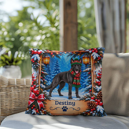 Belgian Malinois (Black Coat) - Personalized Snowy Forest Pillow, Indoor Outdoor Dog Name Gift