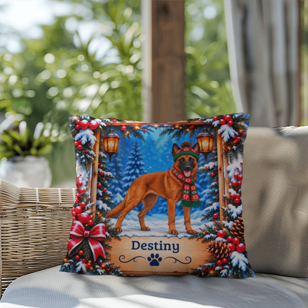 Belgian Malinois (Red Coat) - Personalized Winter Lodge Pillow, Indoor Outdoor Dog Name Gift