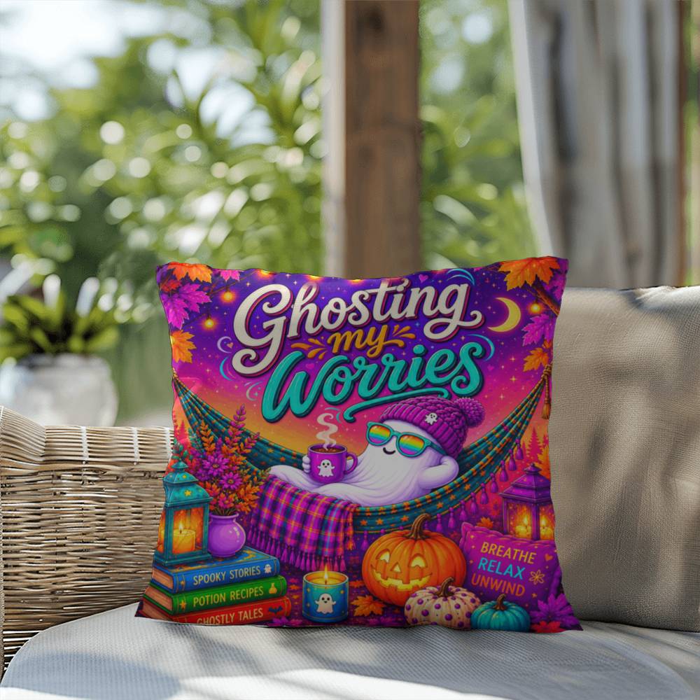 Ghosting My Worries Halloween Throw Pillow - Breathe Relax Unwind Ghost Pillow