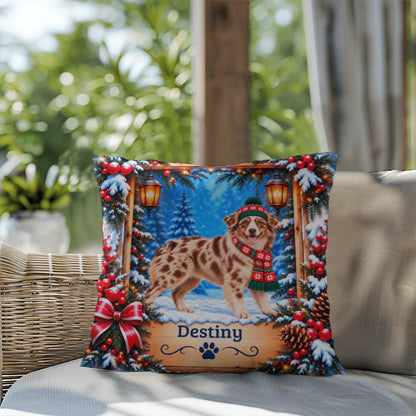 Australian Shepherd (Red Merle Coat, Amber Eyes) - Personalized Dog Name Pillow, Winter Home Gift