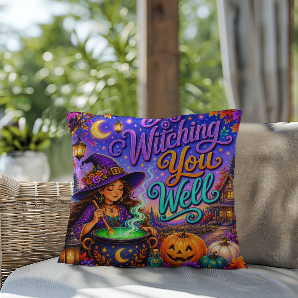 Witching You Well Halloween Throw Pillow - Witch Cauldron Moon Fall Pillow
