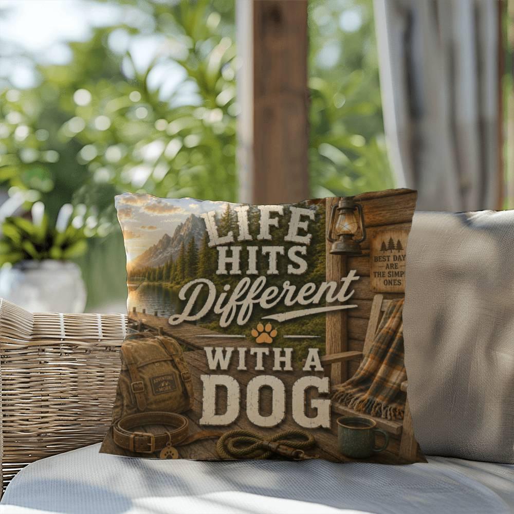 Shop our premium life hits different with a dog throw pillow from MySisterIsASurvivor.