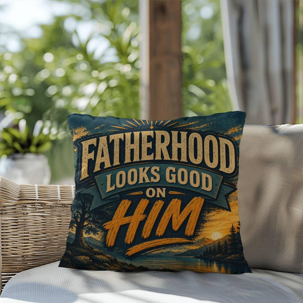 Shop our premium fatherhood looks good on him throw pillow from MySisterIsASurvivor.
