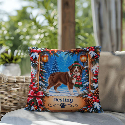 Australian Shepherd (Red & White Bi Coat) - Personalized Aussie Pillow, Snowy Woodland Dog Gift