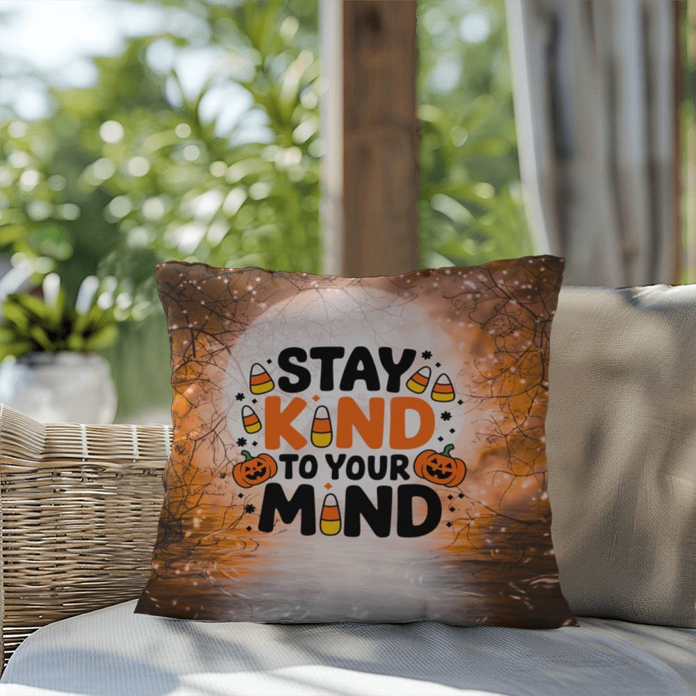 Indoor/outdoor throw pillow with “Stay Kind To Your Mind” promoting mental wellness