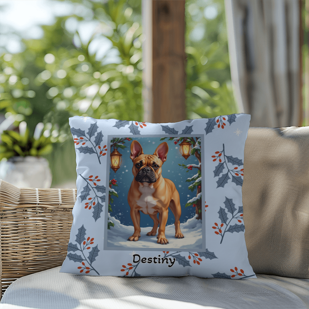 French Bulldog Fawn Pillow - Seasonal Frenchie throw pillow, indoor winter dog home accent